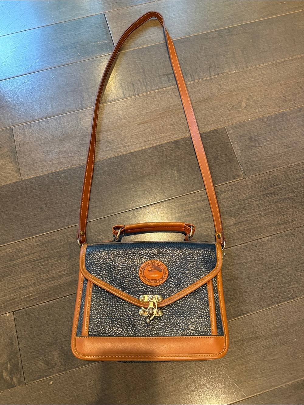 Dooney & Bourke Navy Pebbled Leather Crossbody with Tan Trim
